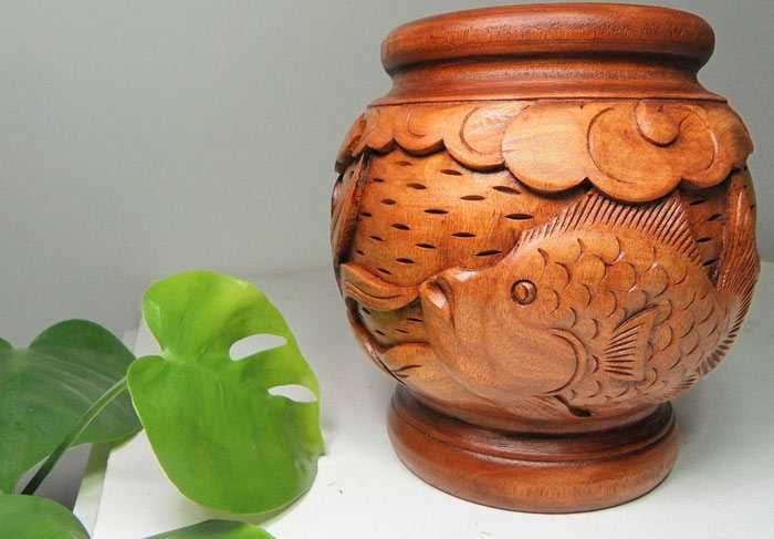 Misterny Rzeźbiony WAZON Ornamenty Ryby z Drewna Rękodzieło