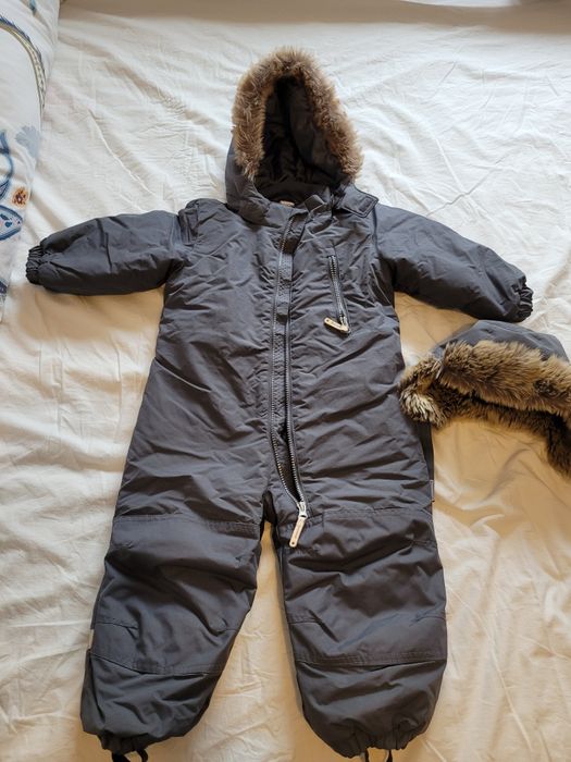 Kombinezon zimowy H&M + czapka niebieski stalowy r. 92