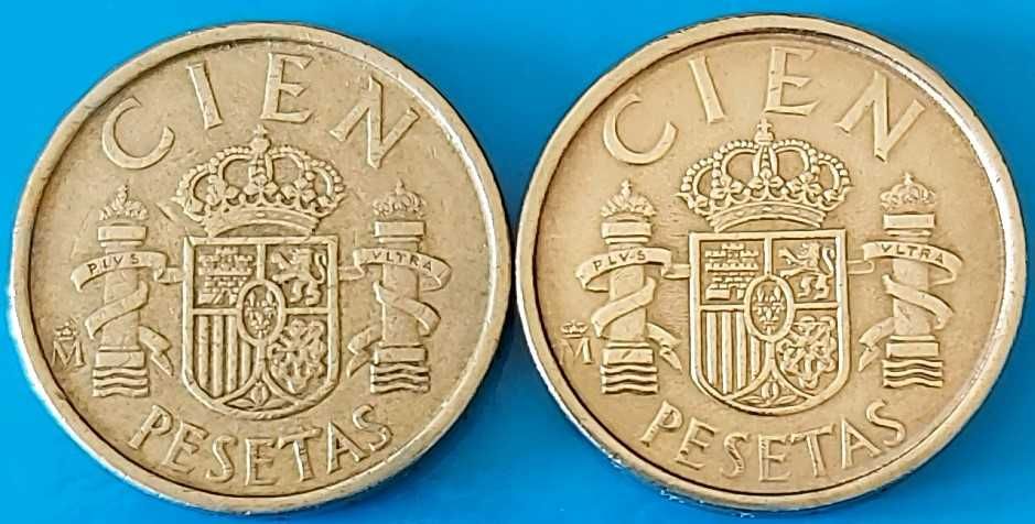 Lote 2 moedas 100 Pesetas de 1988 e 1989, Espanha, Rei Juan Carlos I