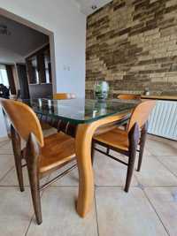 Zestaw drewniany stół, szklany blat i krzesła