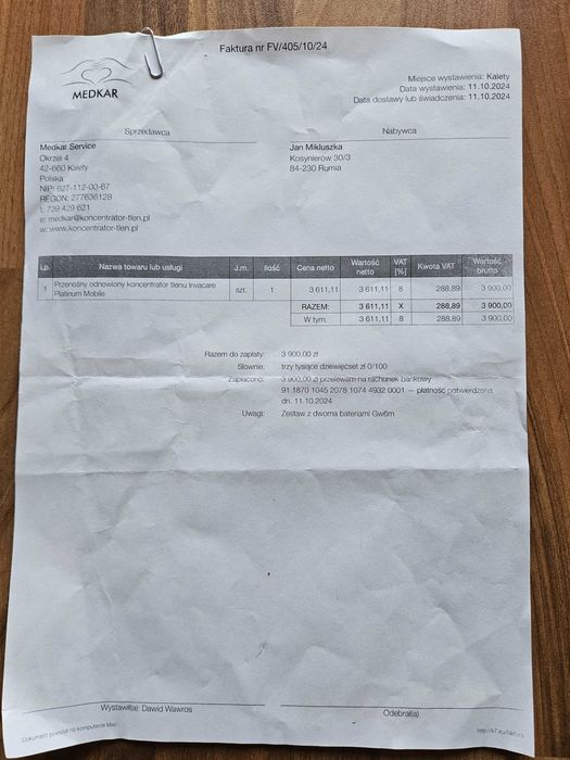 Przenośny koncentrator tlenu Invacare Platinium Mobile