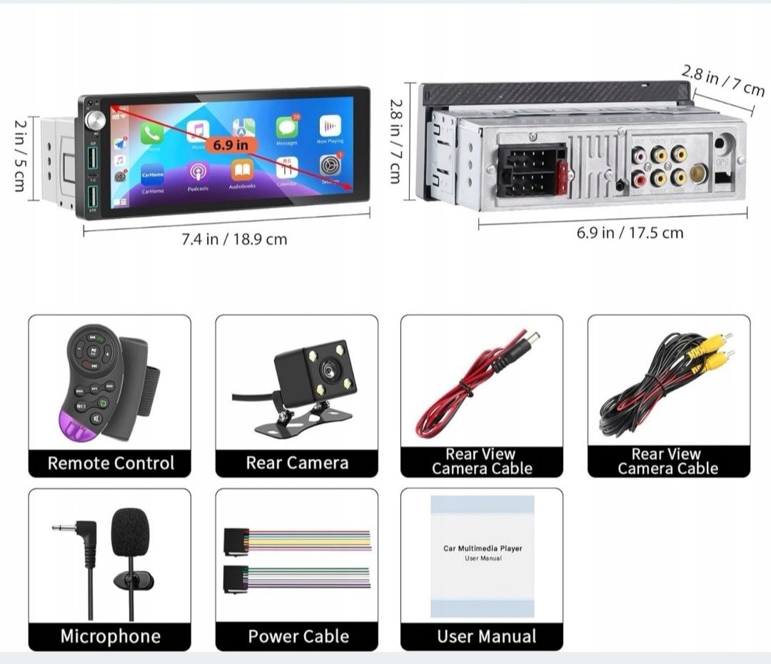 Samochodowe radio LSLYA Single Din z Apple CarPlay/Android Auto, 6,9-c