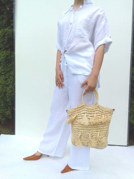 Lniany komplet spodnie koszula 100% len puro lino S M L uniwersalny