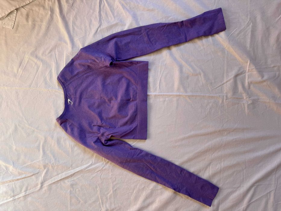 Fioletowy komplet sportowy Gymshark seamless legginsy i crop top xs 34