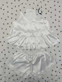 Nowa biała satynowa piżama 36 S komplet zestaw Top spodenki szorty
