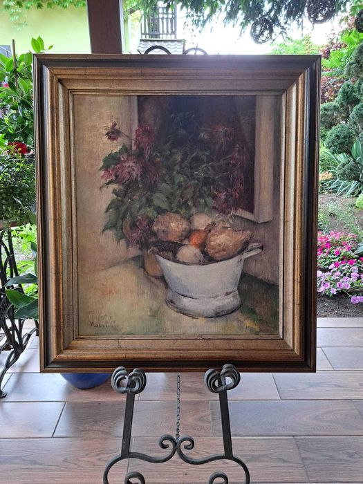 Obraz olejny - kompozycja z fioletowymi chryzantemami