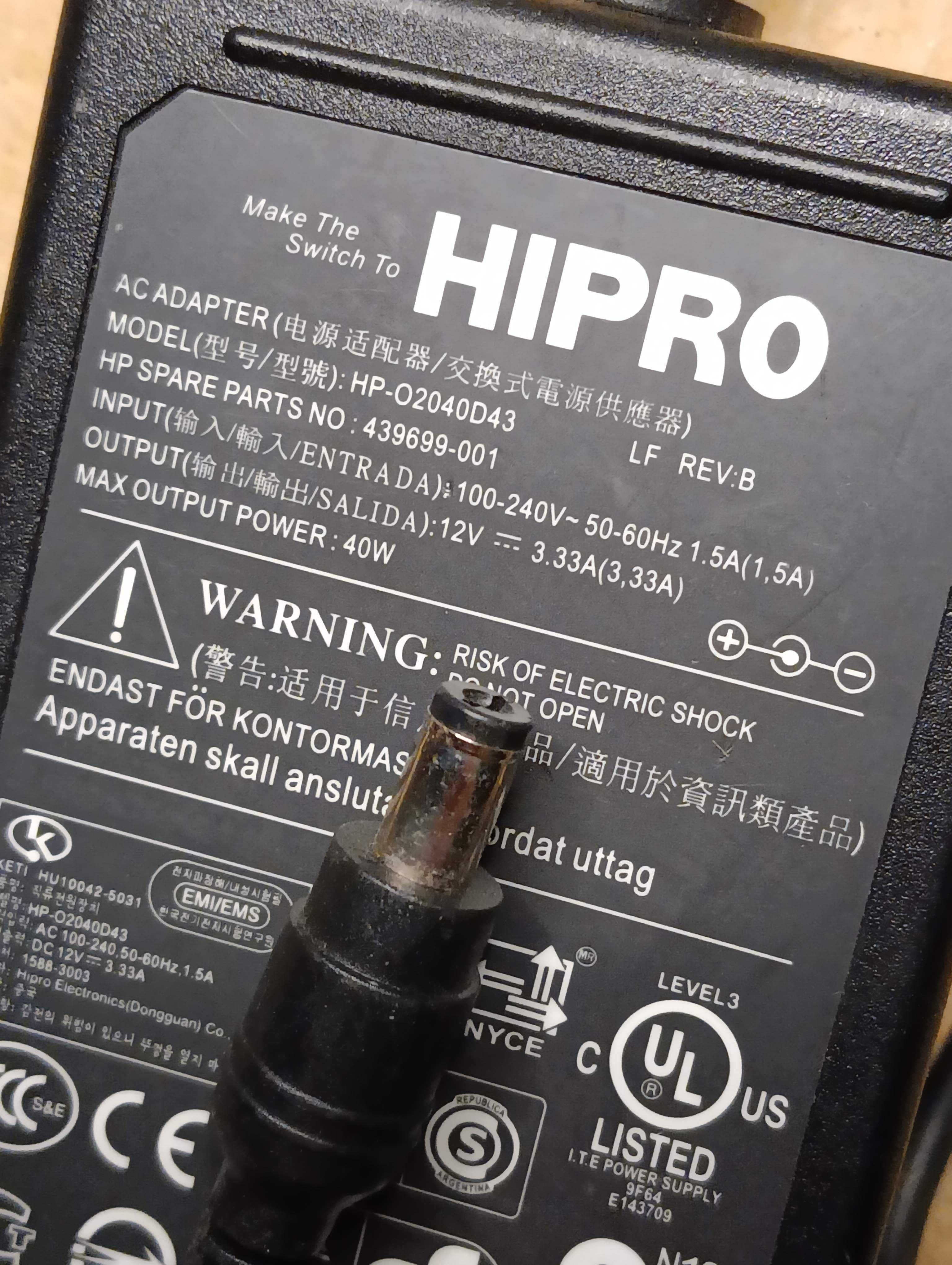 Блок живлення питания 12V 3.33A HIPRO HP-O2040D43 (5.5X2.1mm)