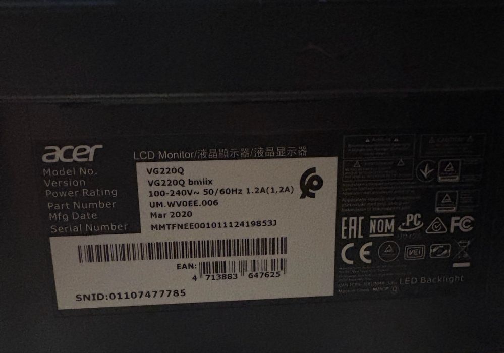 monitor 22” Acer VG220Q bmiix