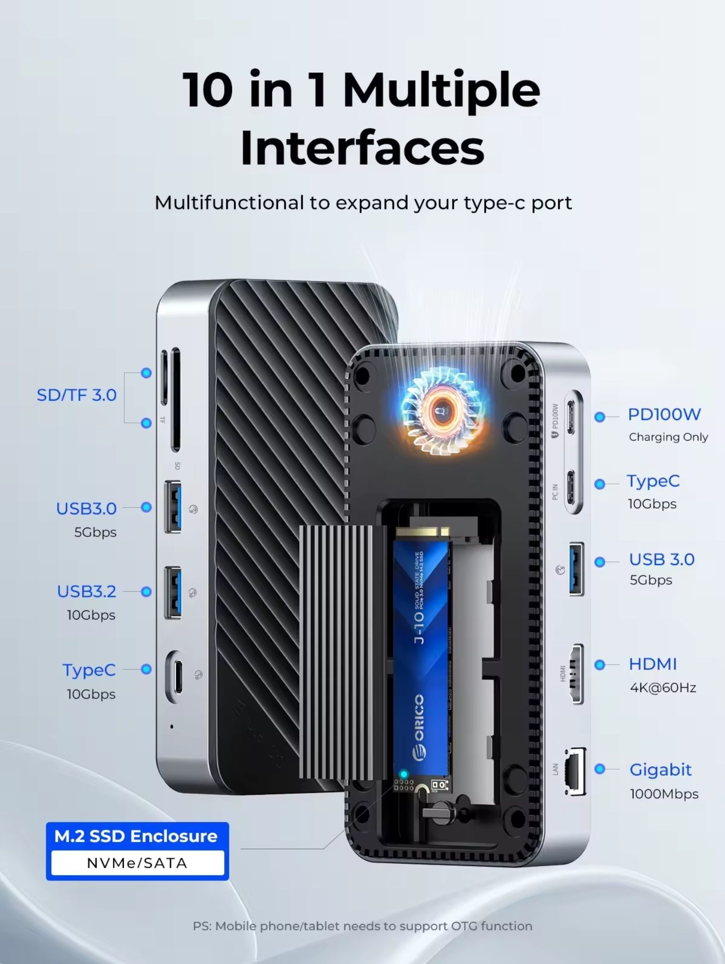 USB Hab ORICO-USB C HUB з активним охолодженням, M.2 NVMe SATA SSD