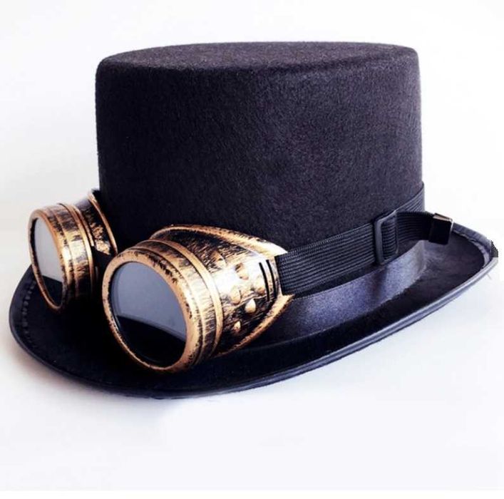 Cylinder z filcu czarny steampunk + okulary Nowy Halloween