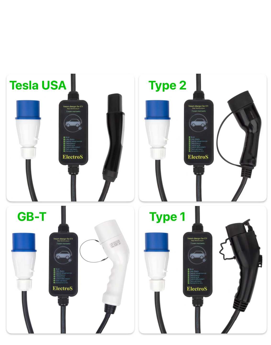 Нова зарядка для Tesla Type1/Type2/GB-T 7 кВт, 32А, Wi-Fi, гарантія 3р