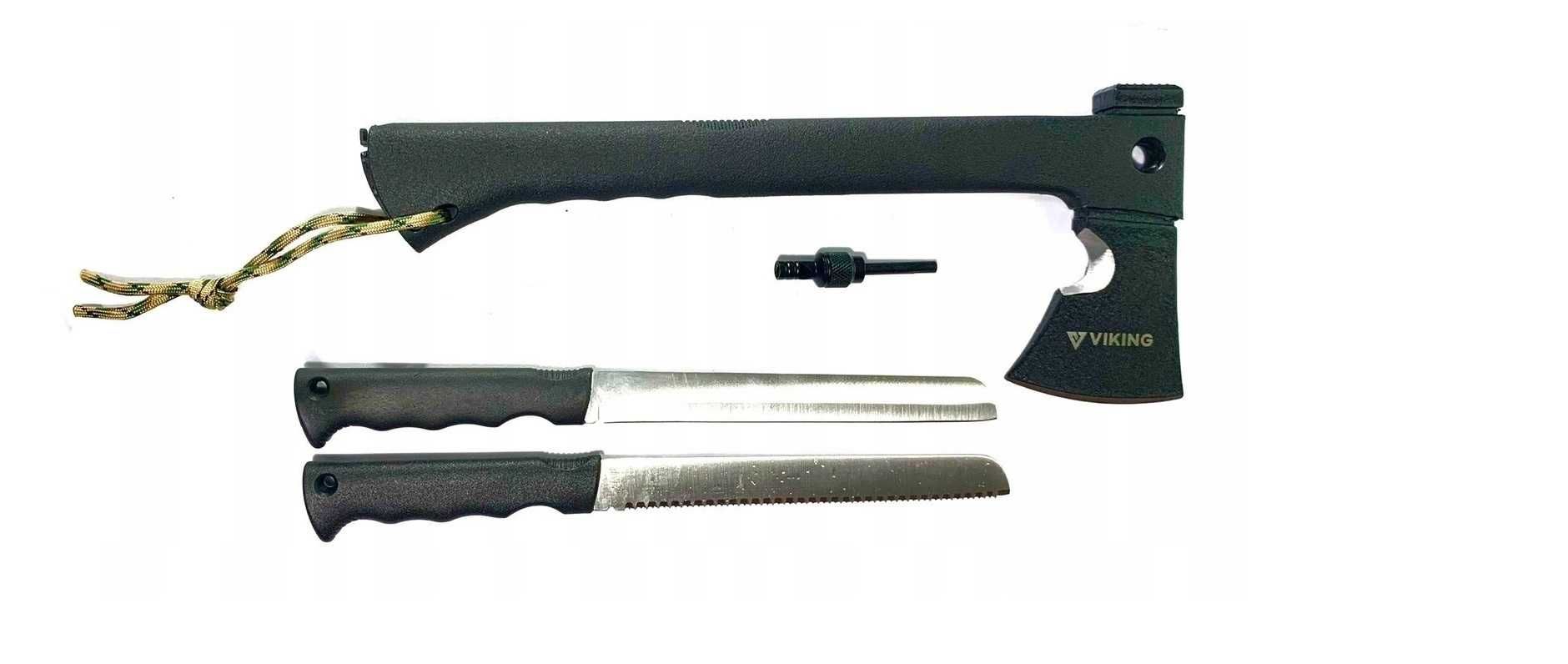 SIEKIERA taktyczna SURVIVAL VIKING kemping ZESTAW krzesiwo + NOŻE