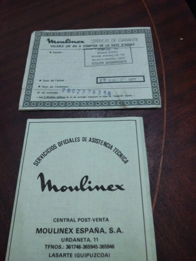 Garantia Moulinex 23 julho 1977