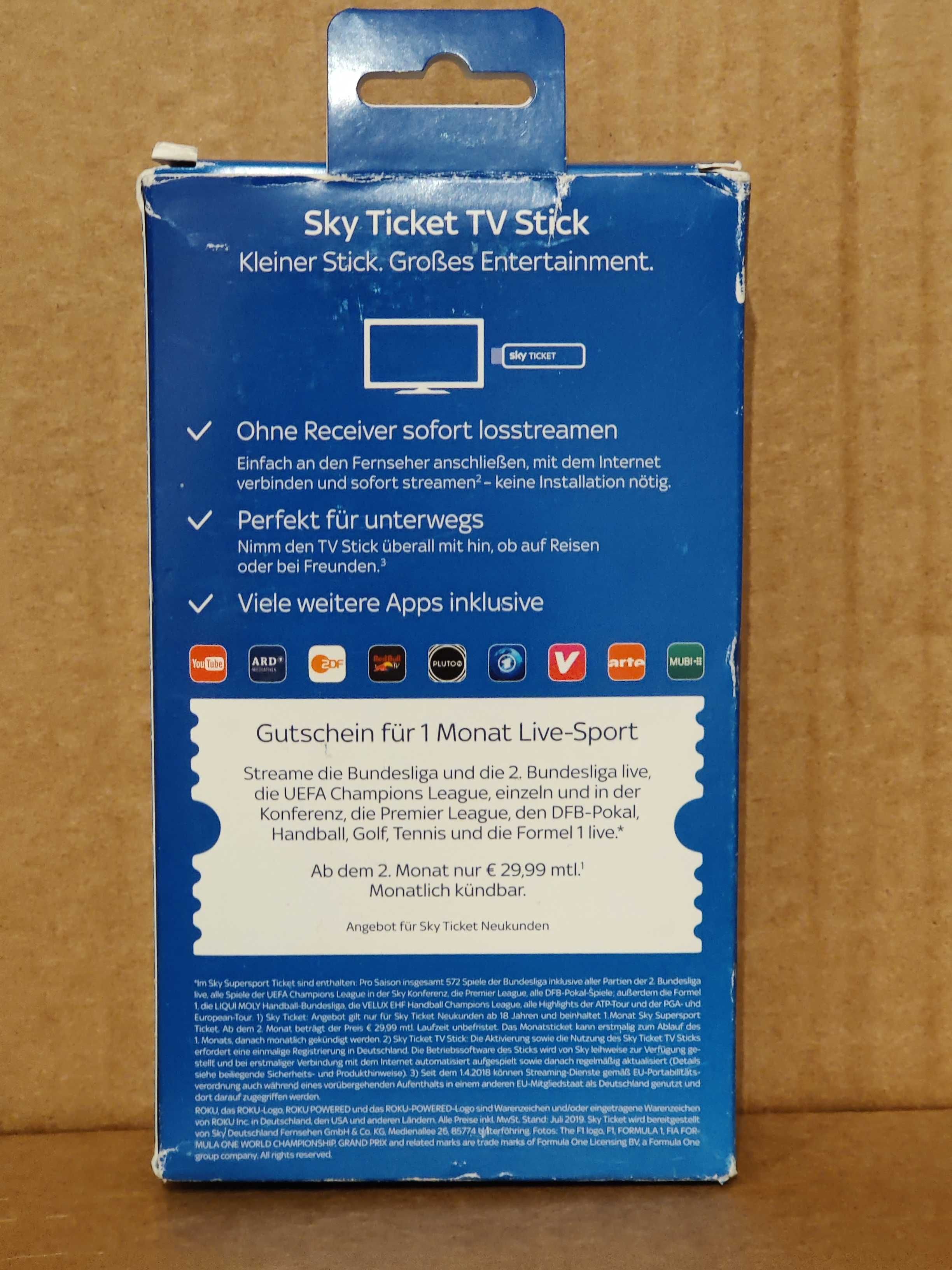 Sky Ticket TV Stick Roku Nowy+miesiąc sport zestaw HDMI stream WIFI
