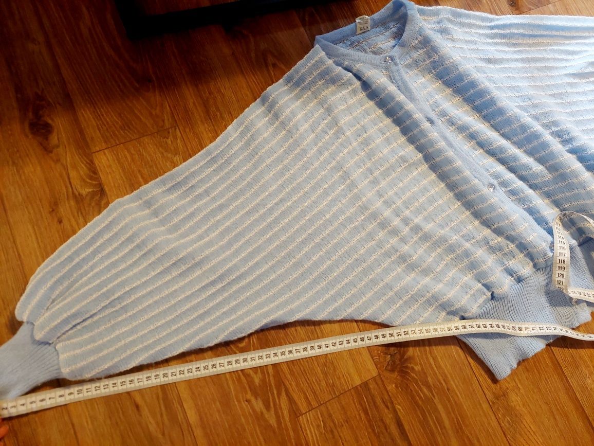 Vintage sweter kardigan błękitny biały paski nietoperzowy krój
