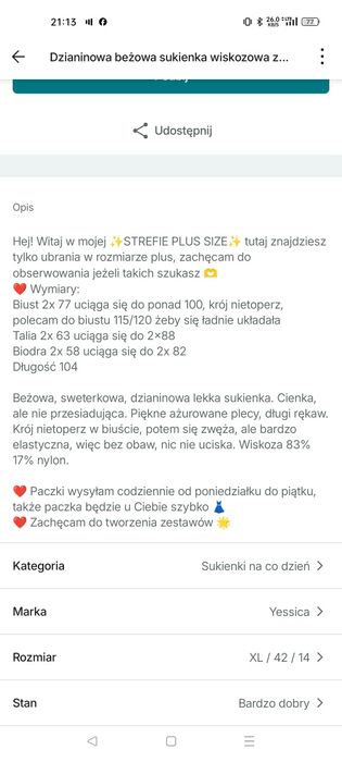 Beżowa dzianinowa sukienka wiskoza xl sweterkowa c&a