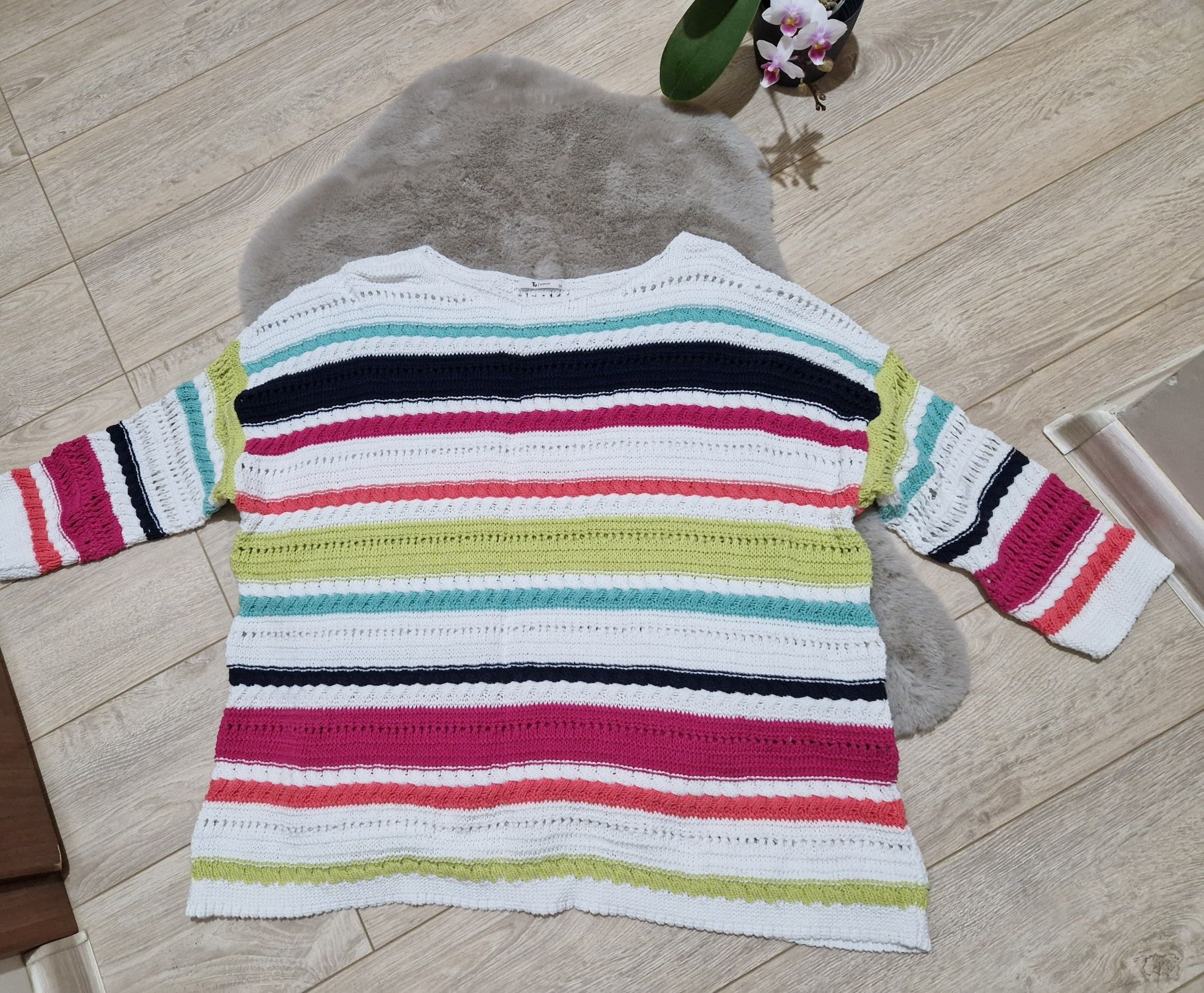 Kolorowy dziergany sweterek rękaw 3/4 4XL 48