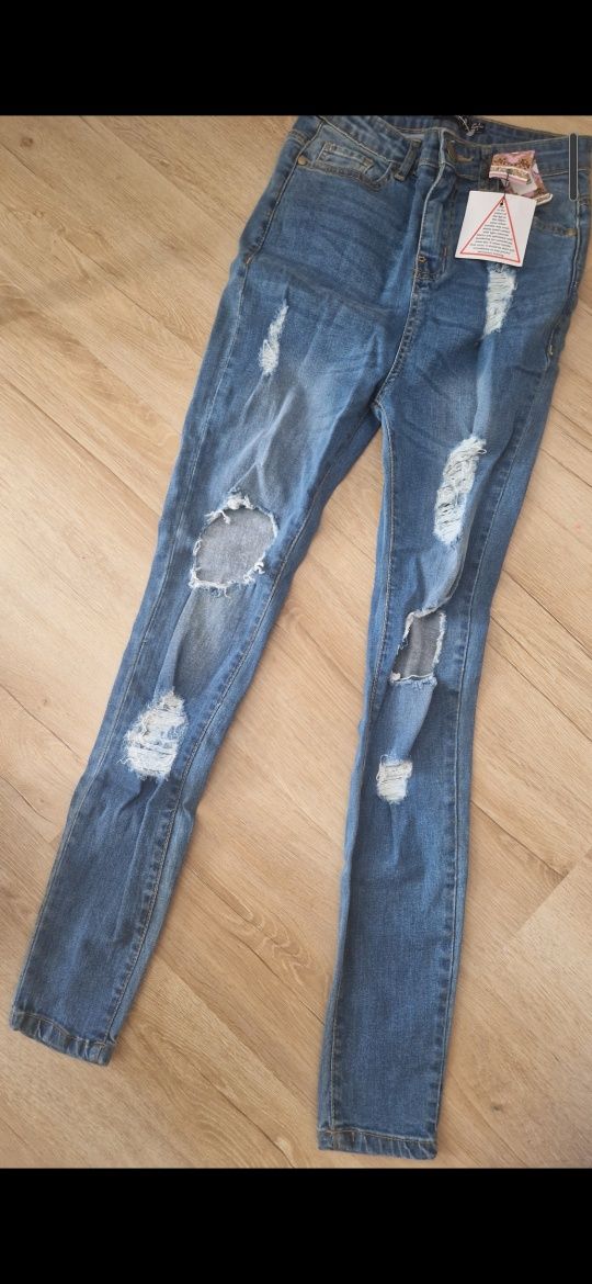 Nowe ciemne jeansy boohoo rurki wysoki stan 34 z dziurami s xa