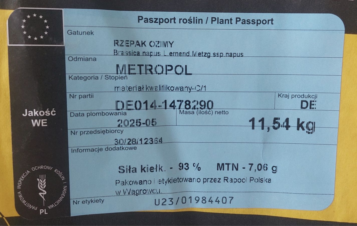Rzepak Ozimy Rapool Metropol C/1 Integral Pro + Lumiposa