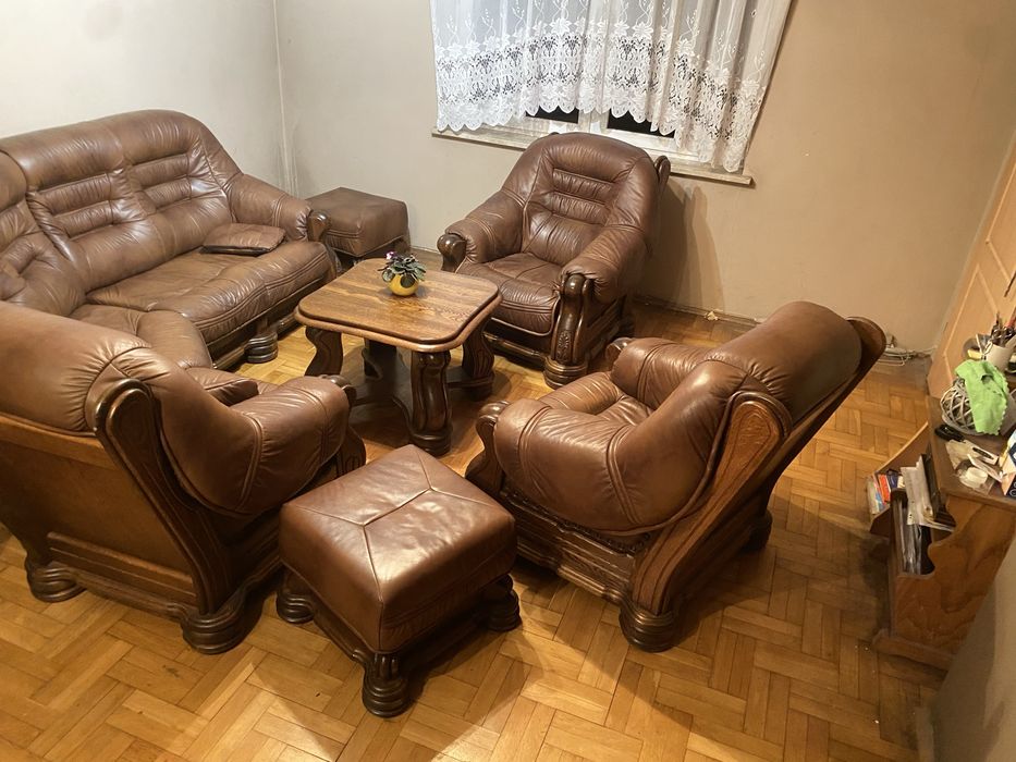 Kler Komplet wypoczynkowy skóra naturalna drewno dębowe zestaw mebli