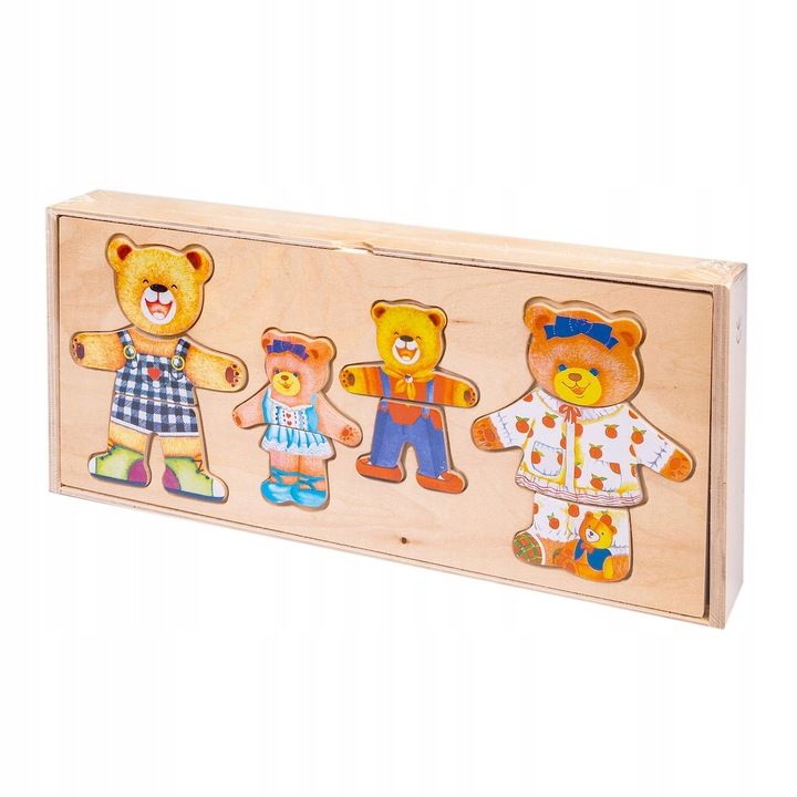 Układanka Drewniana Montessori 4 Misie Puzzle Emocje Ubrania Miny Sort