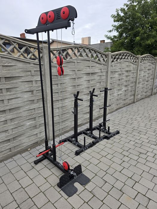 Sprzęt siłowy wyciąg, ławeczka, stojaki pod gryf i ciężary