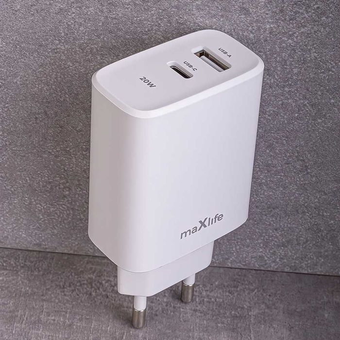Maxlife ładowarka sieciowa 1x USB-C 1x USB 20W biała
