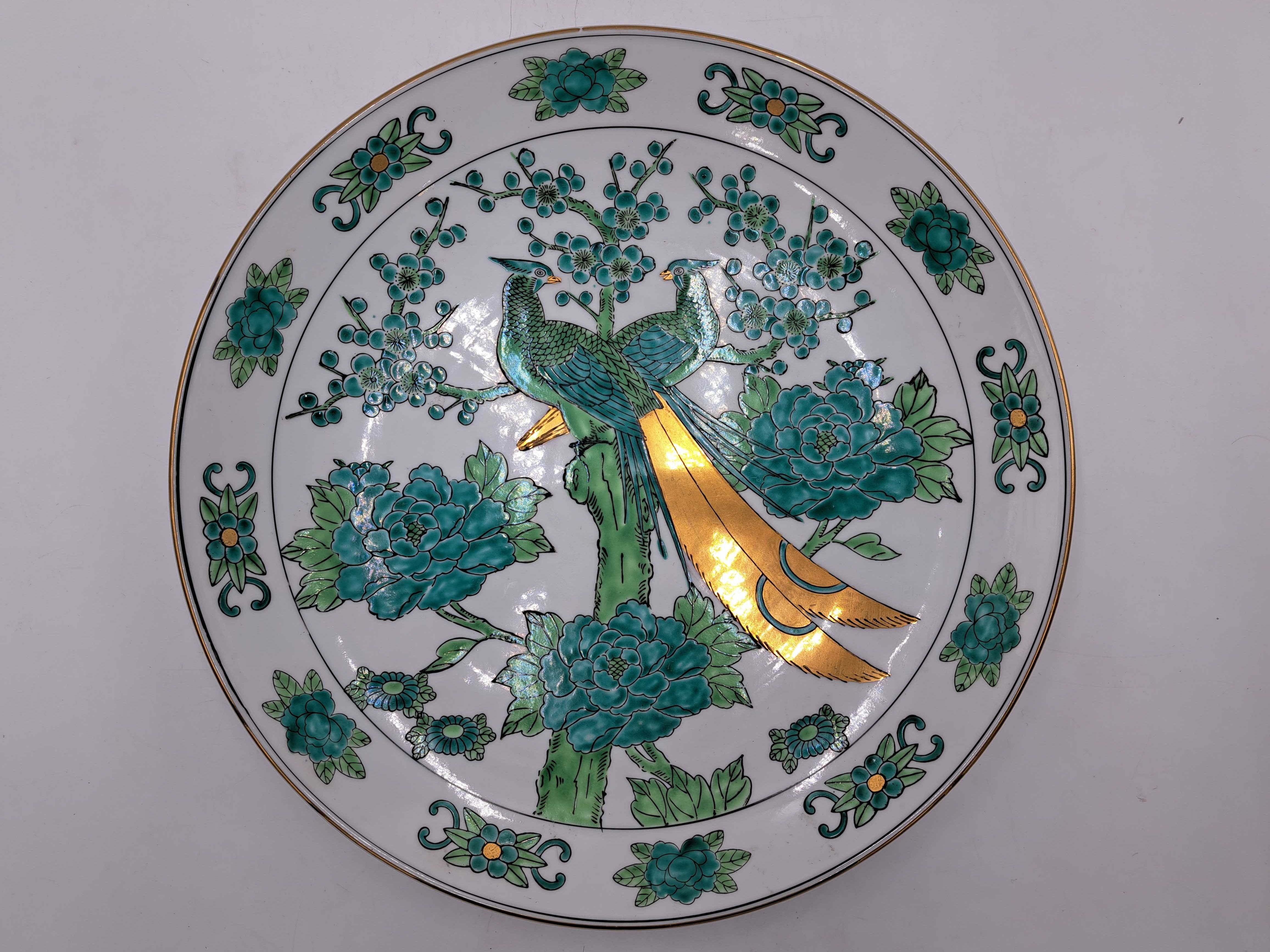 Talerz na ścianę patera Gold Imari Hand Painted zielony paw złocenia