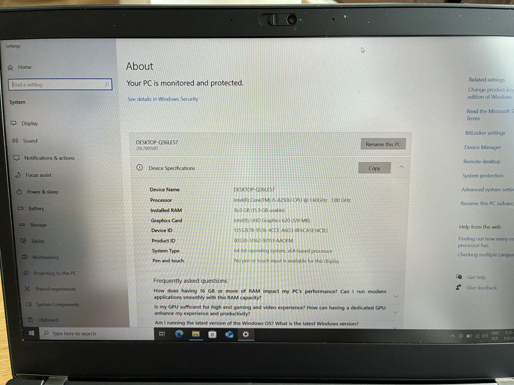 Laptop Lenovo Thinkpad t480s 16Gb 256Gb