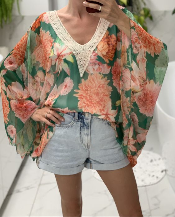 Bluzka zwiewna z szyfonu kolorowa kroj kimono nietoperz lekka 36 37