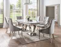 Luksusowy stol marmurowy z chromowa noga i 6 welurowymi krzeslami