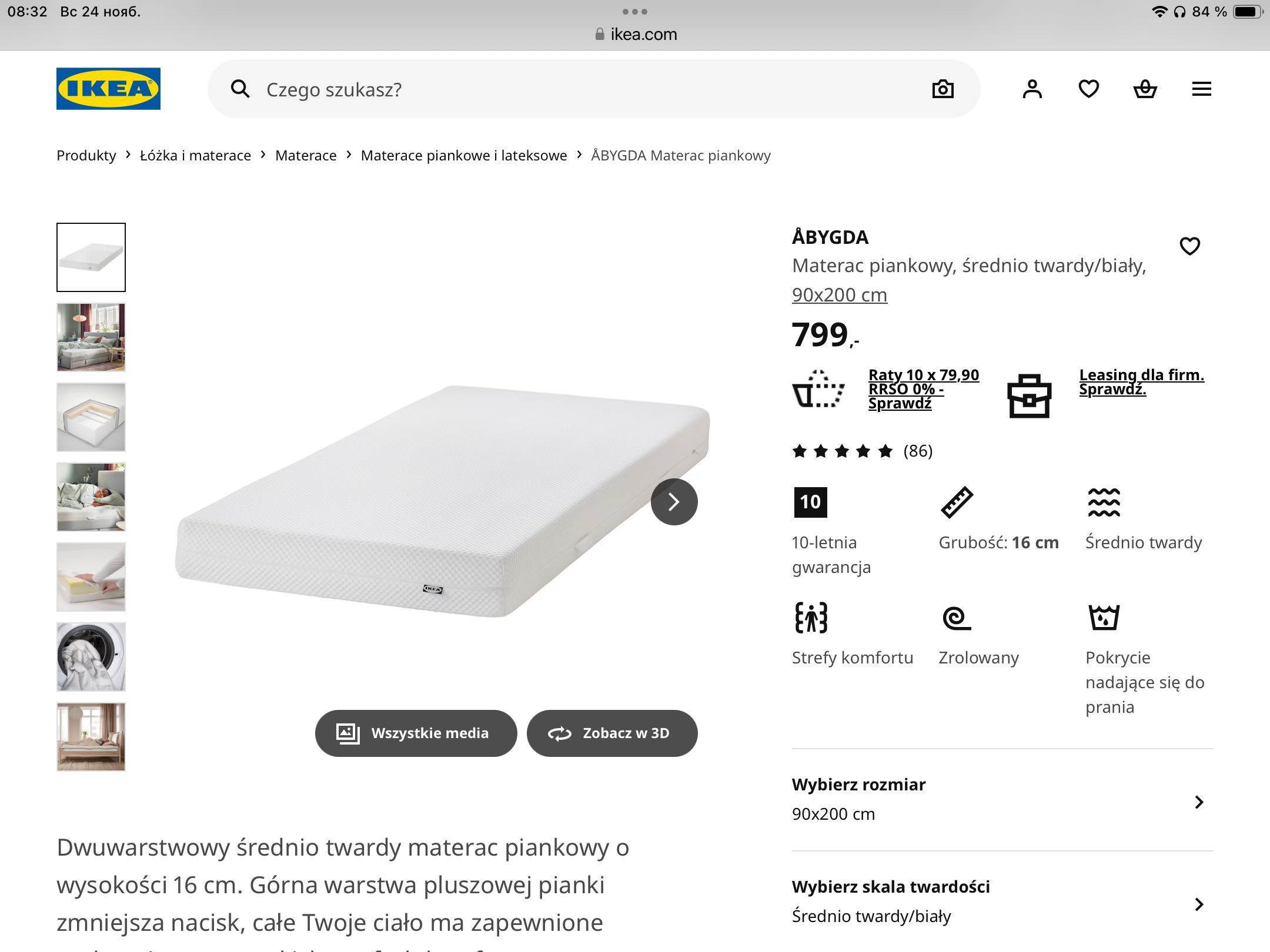 Łóżko 90 x 200 z materacem piankowym i komodą.