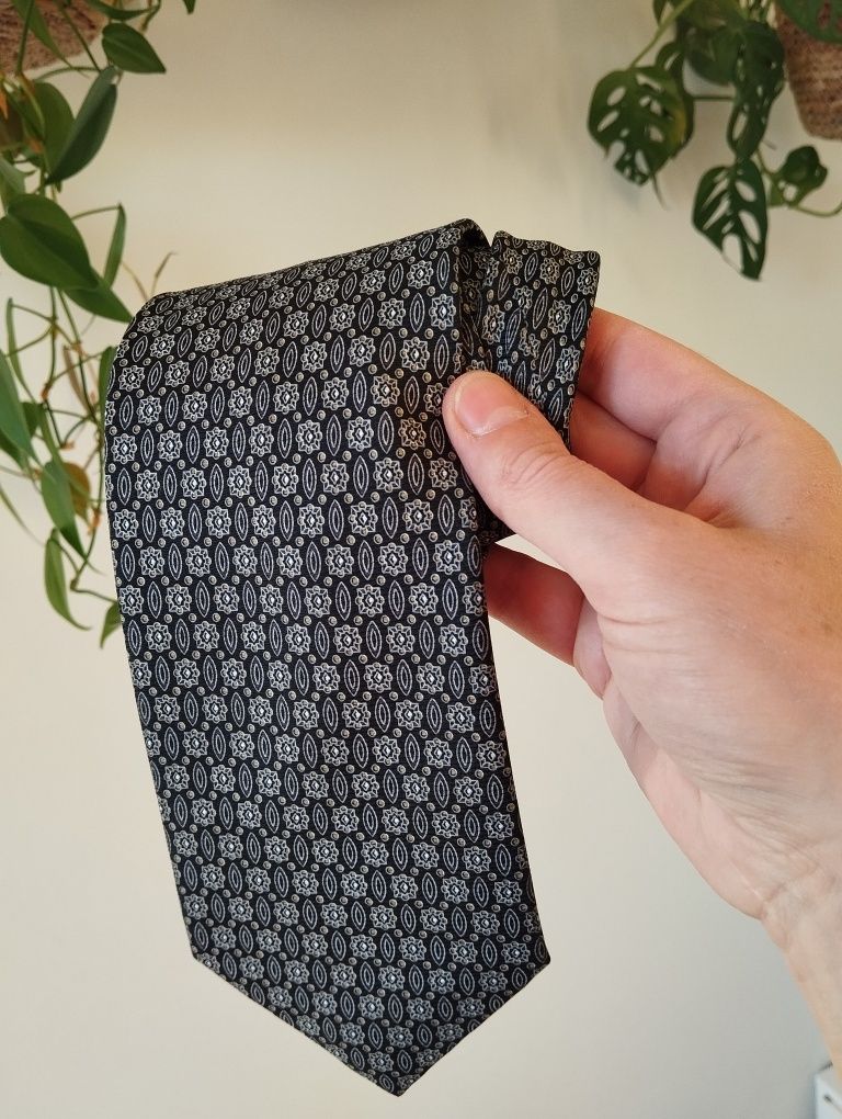 Męski jedwabny krawat 100% silk we wzorki, czarny, szary, 9,5 cm, Cand