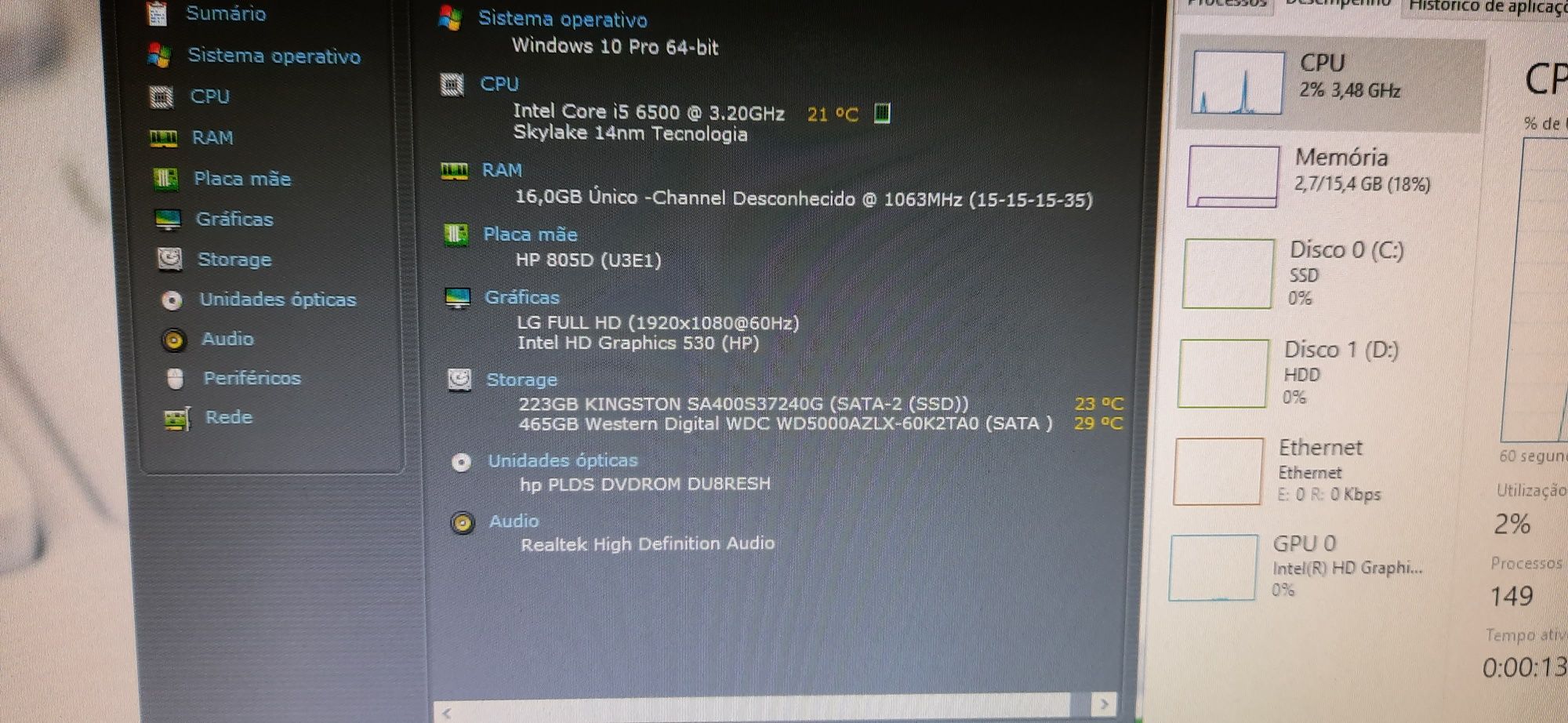 Pç HP 600G2-6ªG|i5.6500-3.2Ghz|16G-DDr4|SSD256G+HDD500G|W10|W11
