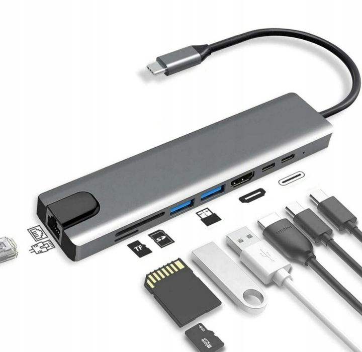 HUB USB C 3.0 8W1 adapter przejściówka port HDMI 4K karta SD LAN