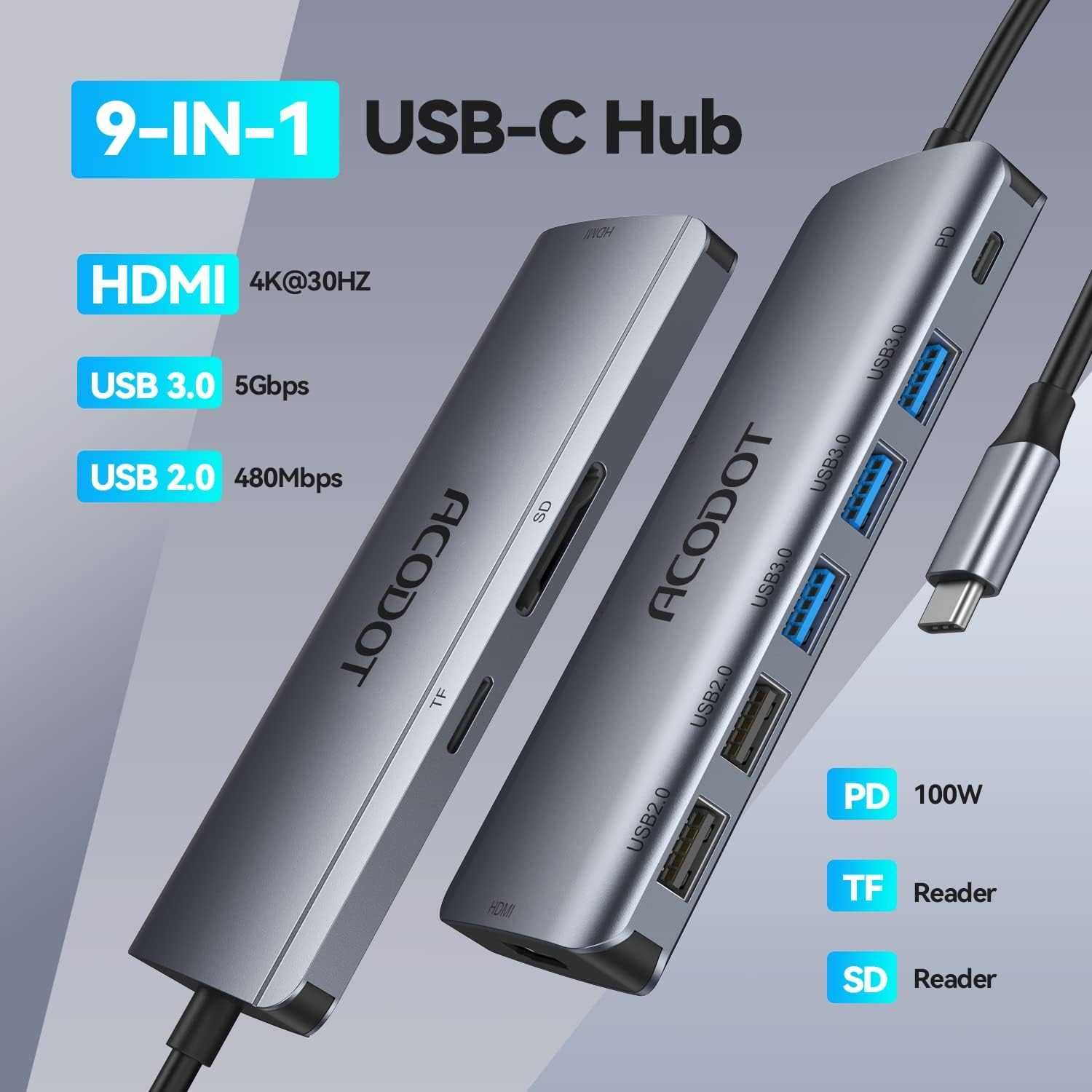 Hub USB Acodot 9in1 USB C Hub Laptop Adapter Rozdzielacz aluminiowy