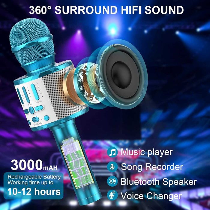 Microfone Karaoke Bluetooth Sem Fio Luzes LED  Gravação Natal
