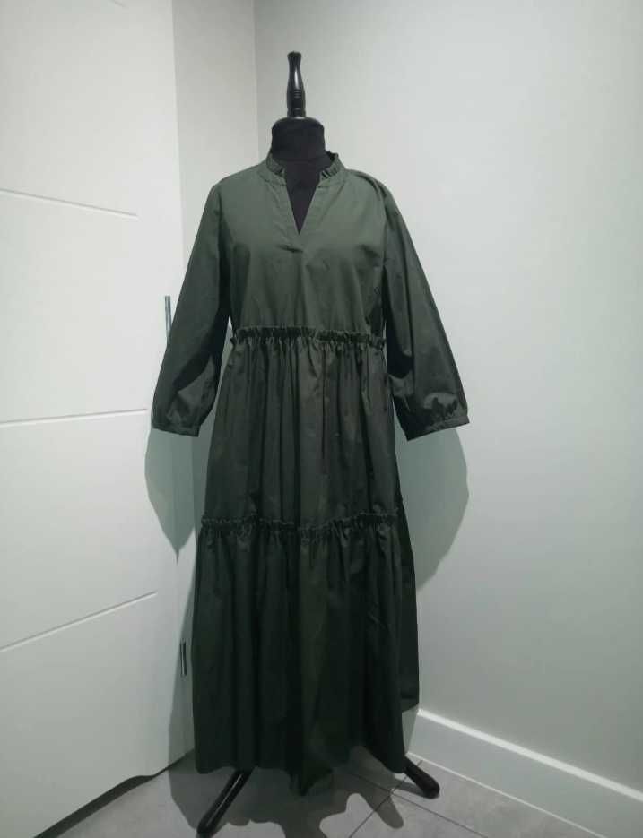 Reserved długa bawełniana zielona maxi MIDI oversize sukienka Boho M/L
