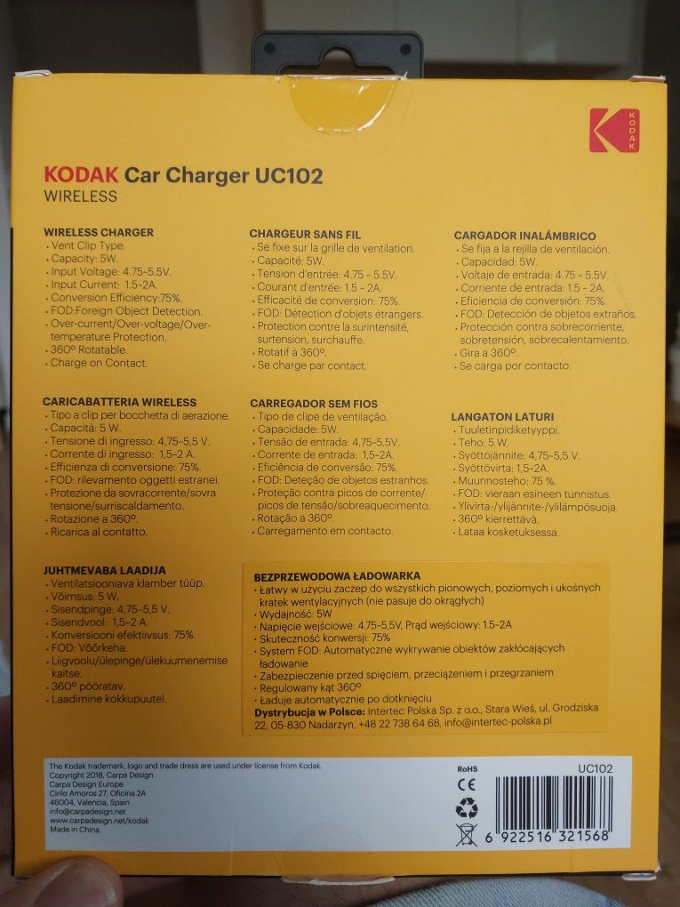 Uchwyt ładowarka bezprzewodowa Kodak Car Charger UC102