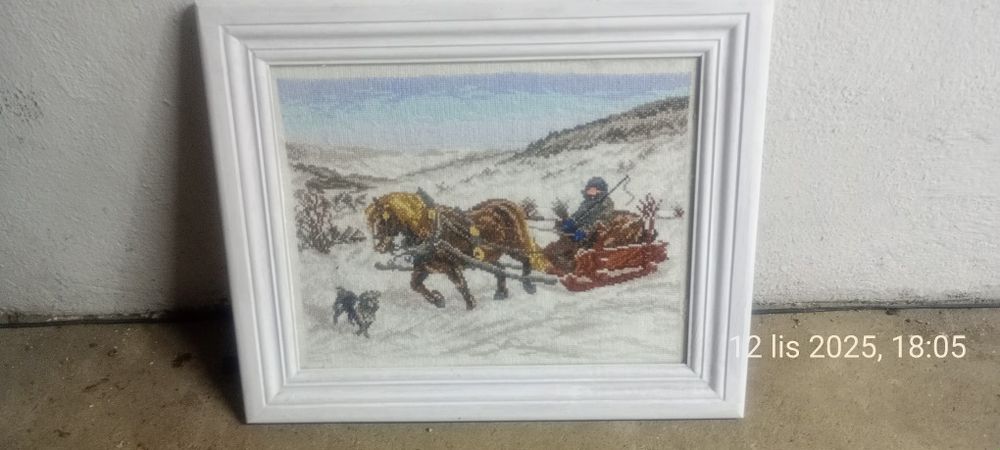 Obraz haftowany konie z saniami