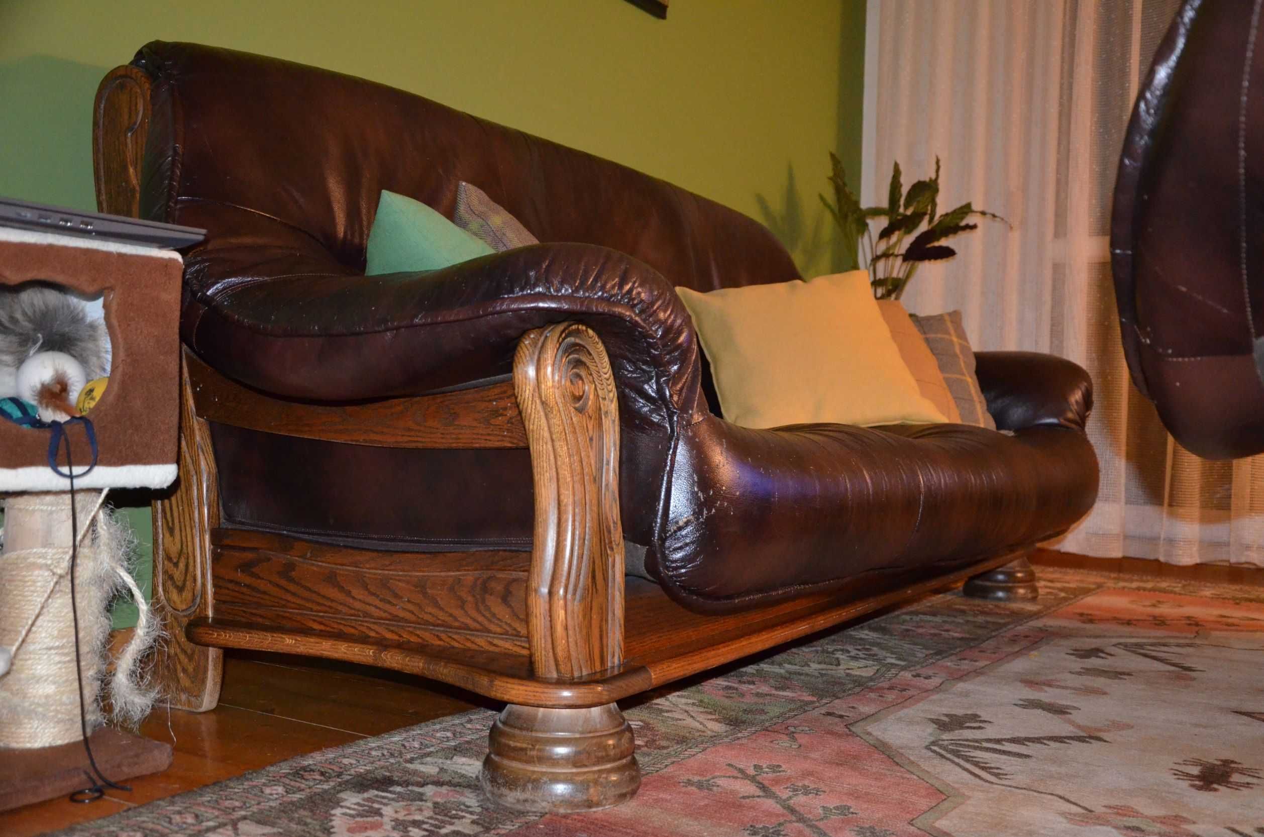 sofa + 2 fotele skórzane stelaż dąb lite drewno