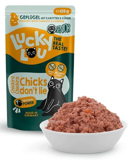 Karma dla starszych kotów bez GMO, cukru i zbóż - Lucky Lou DRÓB 125g