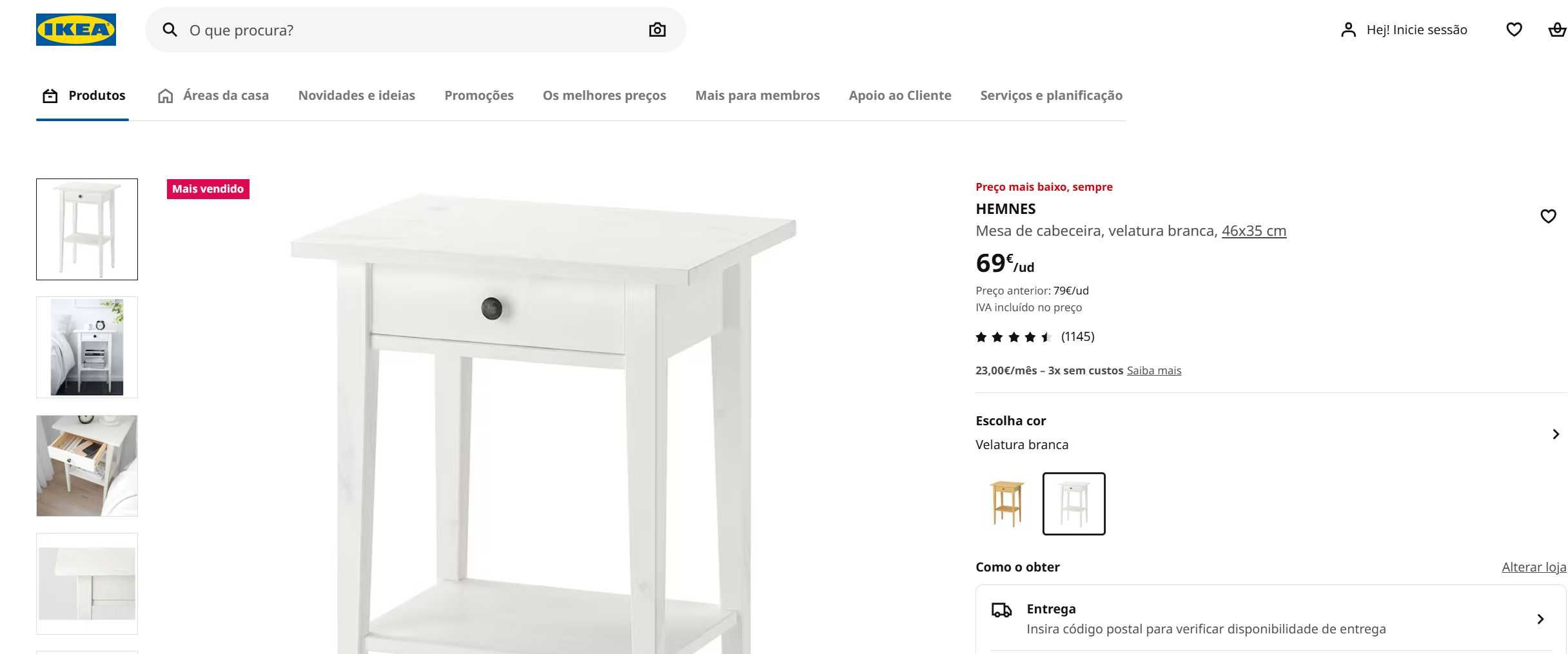 HEMNES Mesa de cabeceira IKEA, velatura branca, 46x35 cm