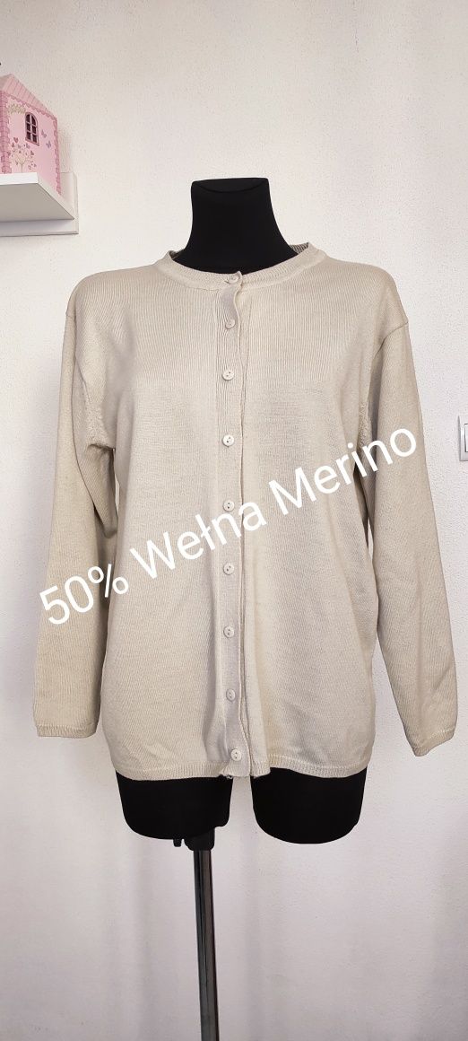 Piękny beżowy sweter wełna Merino L