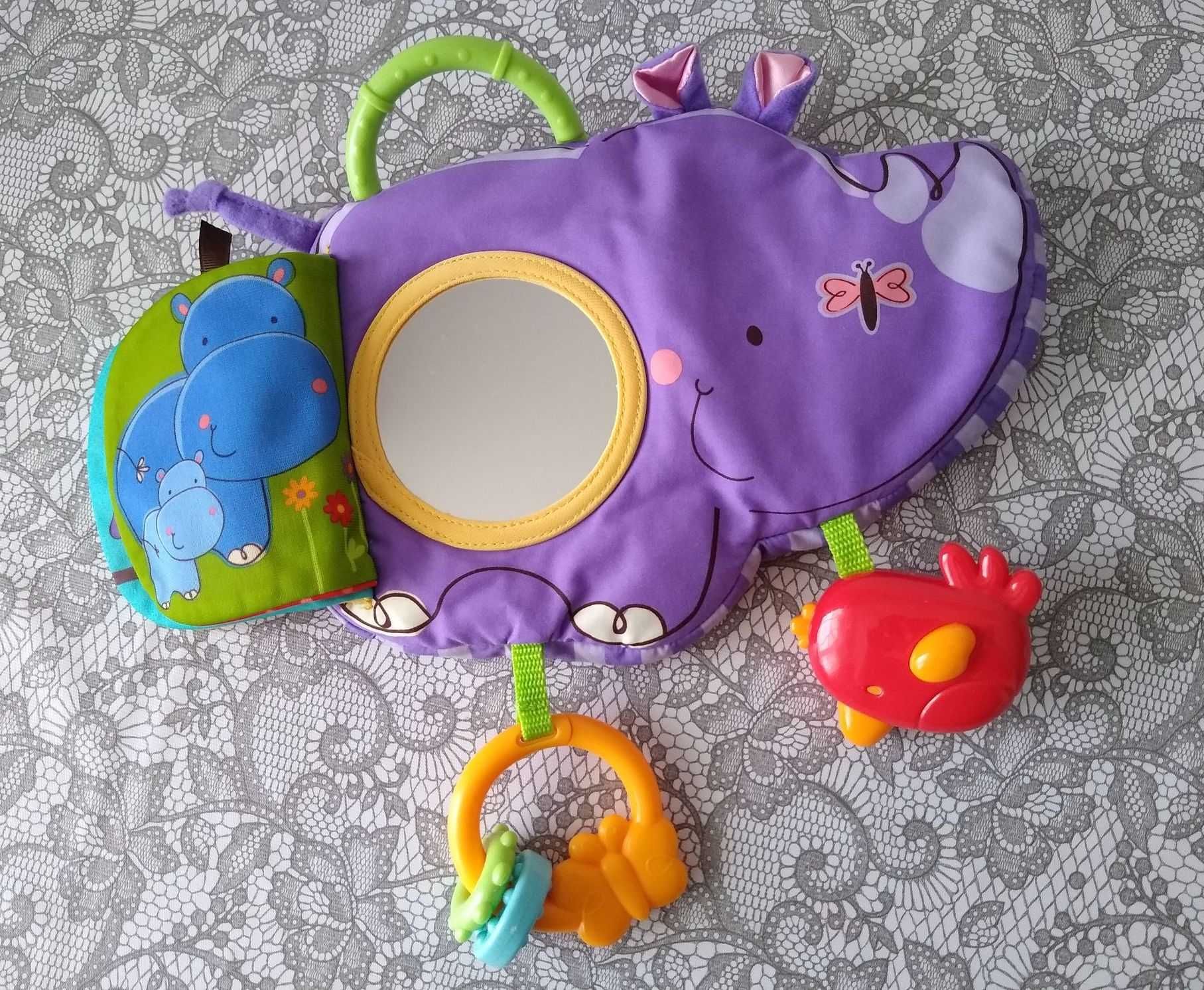 Fisher Price zawieszka, miękka książka, książeczka wesoły nosorożec