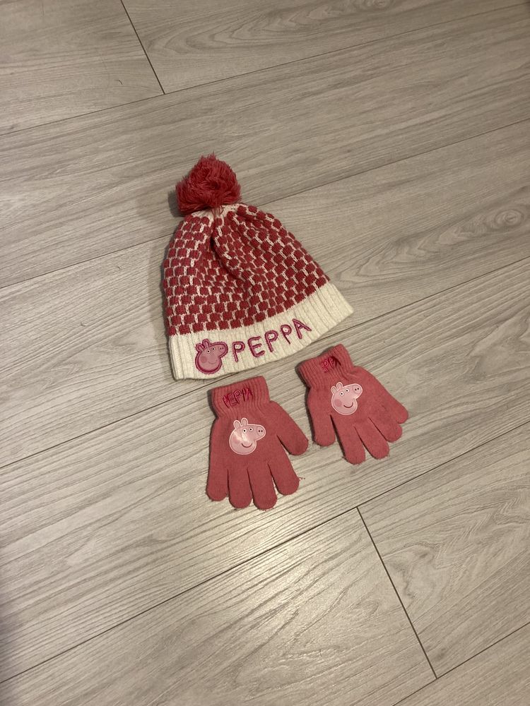 Różowy komplet czapka rękawiczki Świnka Peppa 54 cm