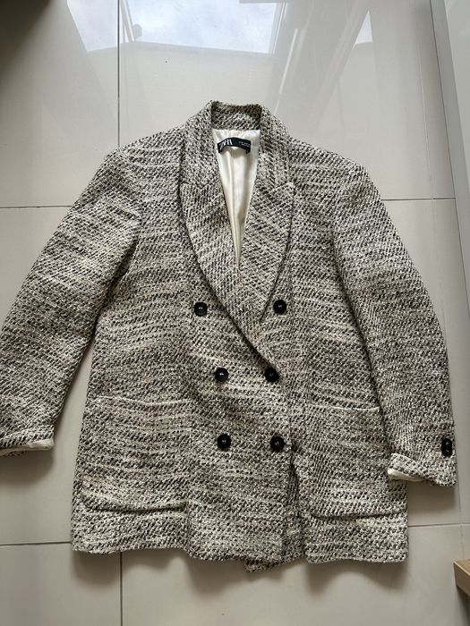Marynarka ZARA rozmiar M beżowo-szara tweedowa dwurzędowa kieszenie