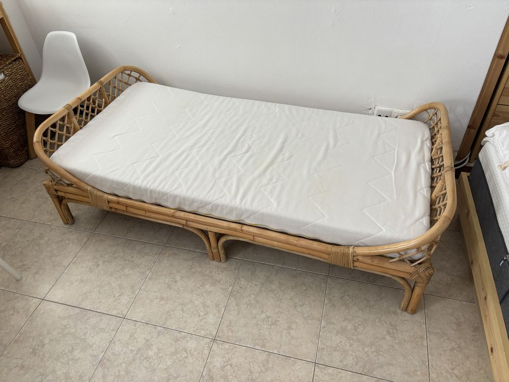 Cama + colchão  para criança, em rattan, com estrado, Katsuki