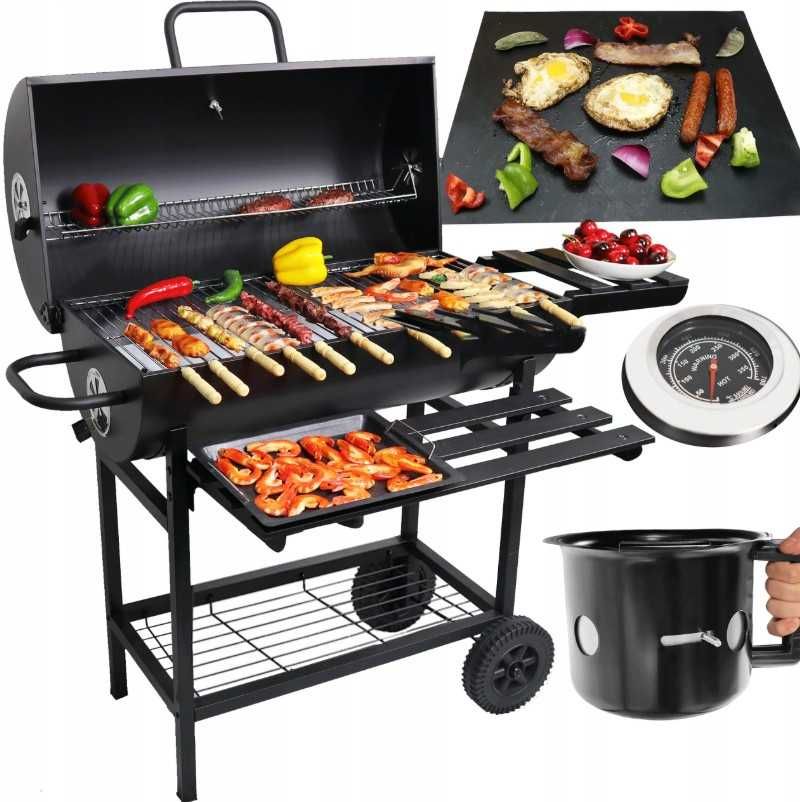 Grill Węglowy BLACK XL – Beczka z Półkami, Termometrem i Matą