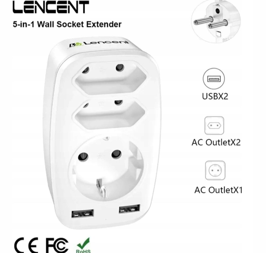Gniazdo Elektryczne 5w1 USB A x2 rozgałęźnik 3 gniazda LENCENT biały